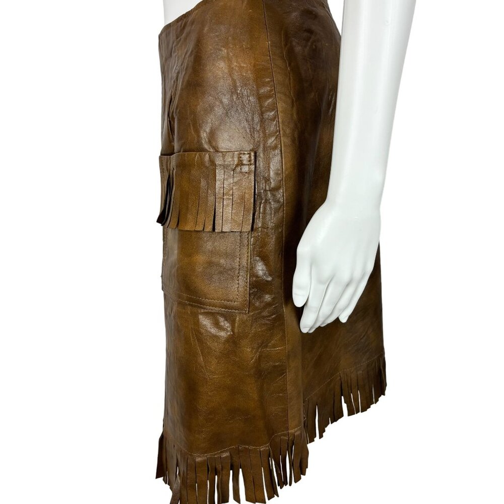 Vintage 60s Faux Leather Skirt Women's Small Brown Fringe Mini Cowgirl Western - Picture 5 of 9